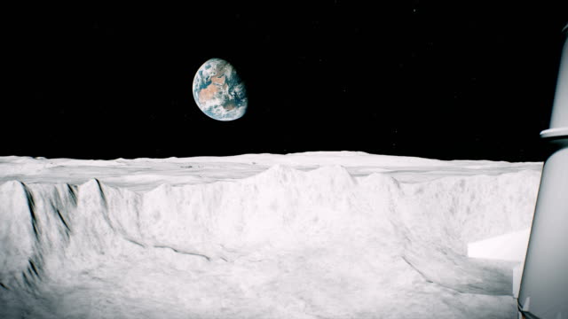 Astronauten-auf-dem-Mond-im-Krater-in-der-Nähe-der-Lander-salutiert.-3D-Hintergrundanimation