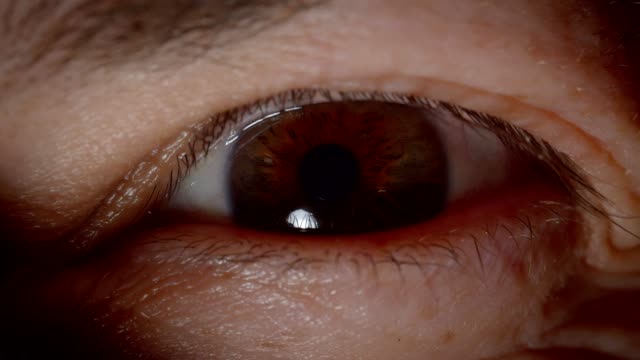 Close-up-shoot-of-caucasian-person-with-brown-eyes-blinking-and-watching-peacefully-into-camera-in-darkness.