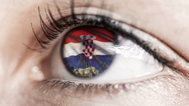 mujer-ojo-verde-en-primer-plano-con-la-bandera-de-Croacia-en-el-iris-con-el-movimiento-del-viento.-concepto-de-vídeo