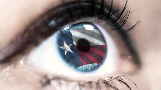 Woman-blue-eye-in-close-up-with-the-flag-of-Texas-state-in-iris,-united-states-of-america-with-wind-motion.-video-concept