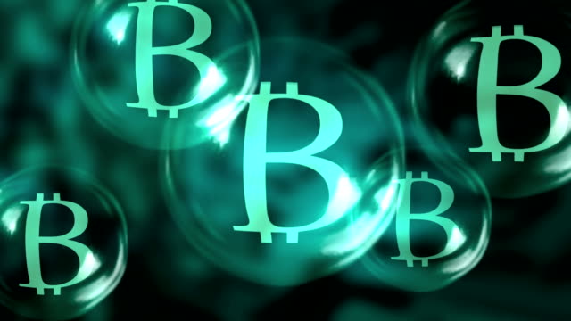 Bitcoins-en-una-burbuja-de-jabón-que-estallan-sobre-fondo-de-borroneado-Motherboard,-Tarjeta-madre.-Concepto-de-bitcoin-inestable.-3D-render.