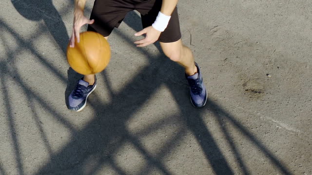 White-basketball-player-handling-the-ball-and-shooting-into-hoop,-fitness