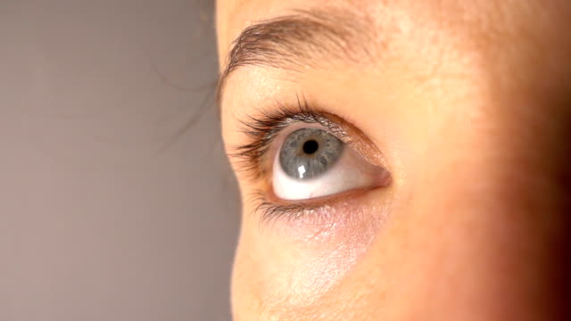 Close-up-of-woman-blue-eye-blinking-in-slow-motion