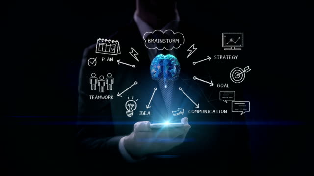 Businessman-slide-click-mobile,-Brainstorming-to-digital-brain-concept.artificial-intelligence.-4K-movie.
