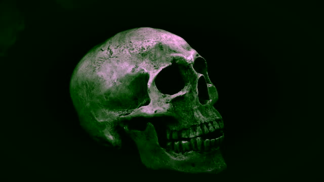 Halloween,Talking-skull-in-smoke-on-black-background.