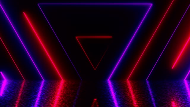 Abstrakte-Dreiecke-Neon-Tunnel-mit-Reflexion,-Computer-generierte-Hintergrund