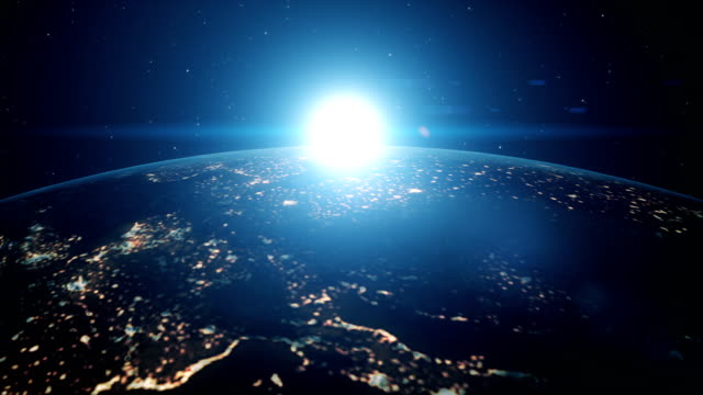 Sonnenaufgang-von-der-blauen-digitalen-Sonne-über-der-Erde-aus-dem-Weltraum