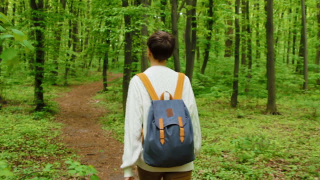 Wanderer-Frau-mit-Rucksack-im-Wald-spazieren.-Montage-video.