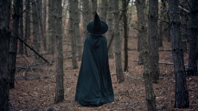Unkenntliche-Frau-als-schwarze-Hexe-geht-zwischen-Bäumen-im-Herbstwald.-Mädchen-in-langen-Kleid,-Umhang,-Fee-Hut.-Halloween-Konzept,-Cosplay-Verkleiden