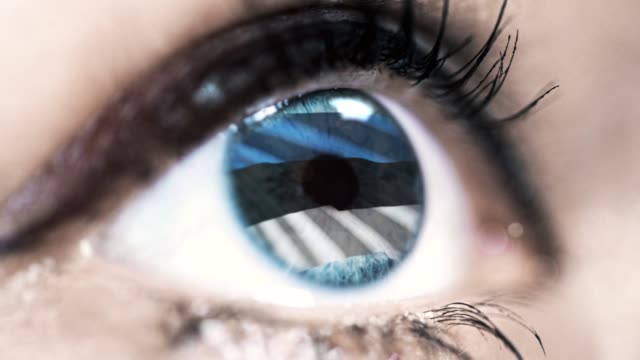Frau-blaues-Auge-in-Nahaufnahme-mit-der-Flagge-von-Estland-in-Iris-mit-Windbewegung.-Videokonzept