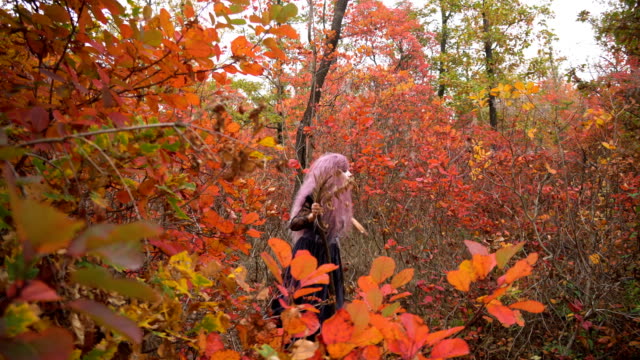 Jóvenes-rosa-pelo-bruja-en-reactivos-de-la-búsqueda-sombrero-en-el-místico-bosque-de-otoño.-Halloween-pronto.