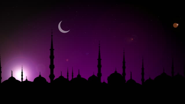 Movimiento-de-bucle-sin-interrupción-de-la-silueta-de-la-mezquita-del-con-la-nueva-luna-en-la-noche.-Animación-de-fondo-de-vacaciones-islámica.