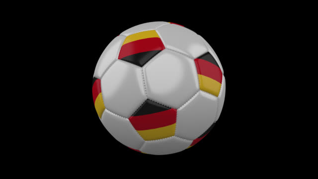 Balón-de-fútbol-con-los-colores-de-la-bandera-de-Alemania-gira-sobre-fondo-transparente,-render-3d,-prores-4444-con-canal-alfa,-lazo