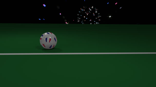 Soccer-ball-with-flag-of-France-and-a-soccer-ball-with-flag-of-Croatia-cross-goal-line,-3d-rendering,-prores-footage.