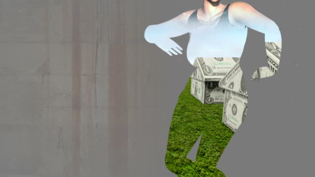 Mischtechnik-von-zwei-3D-Animation-von-Haus-aus-Bargeld-und-tanzende-Mädchen