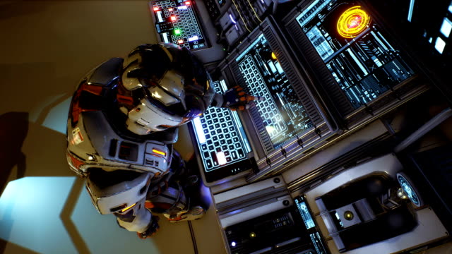 Astronaut-of-the-future-presses-the-keys-on-sci-fi-screen.-Realistic-motion-background.-Animation-of-seamless-loop.