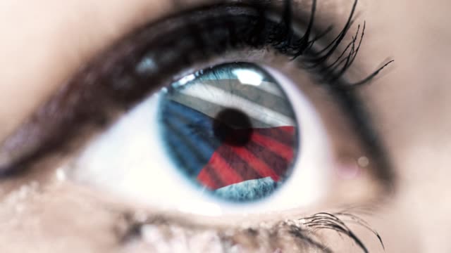 mujer-ojo-azul-en-primer-plano-con-la-bandera-de-la-República-Checa-en-el-iris-con-el-movimiento-del-viento.-concepto-de-vídeo