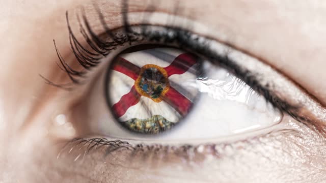 Woman-green-eye-in-close-up-with-the-flag-of-Florida-state-in-iris,-united-states-of-america-with-wind-motion.-video-concept