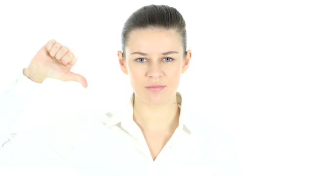 Thumbs-Down-by-Woman,-White-Background