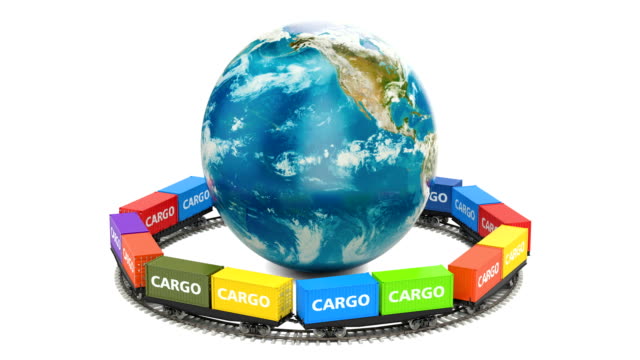 Cargo-delivery-by-railway-around-the-Earth-Globe,-3D-rendering