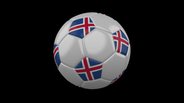 Balón-de-fútbol-con-los-colores-de-la-bandera-de-Islandia-gira-sobre-fondo-transparente,-render-3d,-prores-4444-con-canal-alfa,-lazo