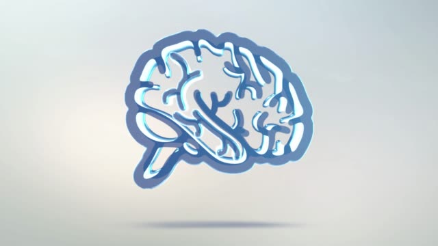 Gehirn-Symbol-ist-aus-Glas-gefertigt.-Transluzente-rotierenden-Gehirn-Symbol-mit-alpha-Kanal-blau-grüne-Farbe.-Nahtlose-Schleife-Symbol-3D-Figur