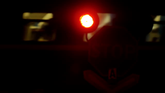 Tren-de-pasajeros-pasando-a-través-de-cruce-ferroviario-en-la-noche.-Señal-de-semáforo.