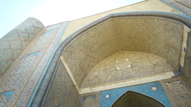 Madrassa-detail-in-Bukhara,-Uzbekistan.