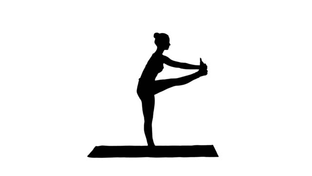 Silhouette-Beautiful-young-fit-woman-in-sportswear-doing-sport-exercise,-bending-in-variation-of-Utthita-Hasta-Padangusthasana,-Dandayamana-Janushirasana