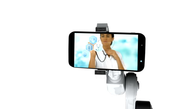 Digital-erzeugte-Video-von-weißen-Roboterarm-halten-Handys,-die-medizinische-Symbole-auf-Geröll-zeigen