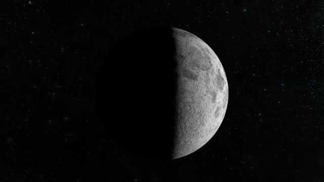 Moon.-Time-Lapse.-The-moon-quickly-passes-a-full-cycle-of-illumination-by-the-sun.-View-from-space.-Stars-twinkle.-4K.-Sun-on-the-right.