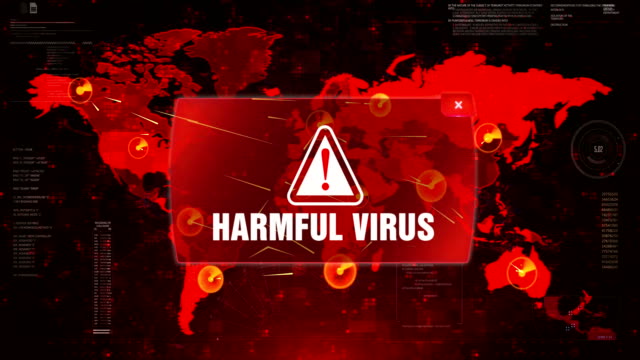 Virus-dañino-alerta-ADVERTENCIA-ataque-en-la-pantalla-mapa-mundial-de-movimiento-loop.