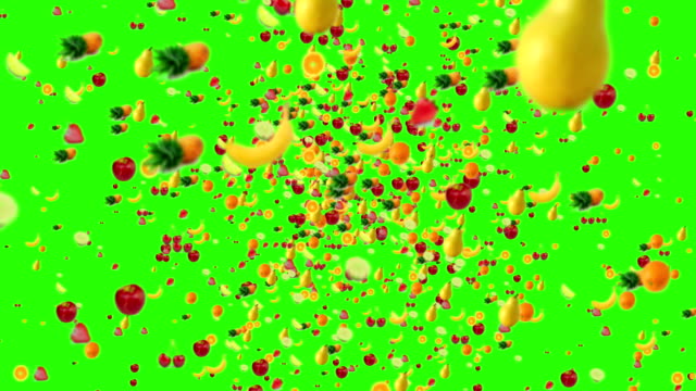 Früchte-Animation-im-Strudel-auf-green-Screen-Chroma-Key-Hintergrund-mit-ausblenden,-nahtlose-Schleife-fliegen