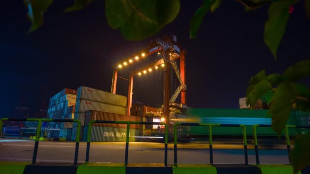 night-illuminated-shenzhen-city-working-port-industrial-bay-cranes-panorama-4k-time-lapse-china