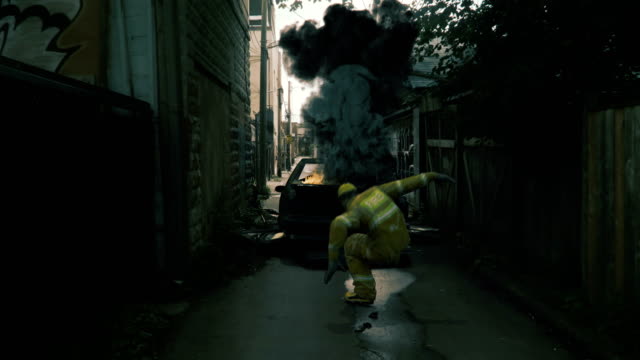 Animation-eines-Feuerwehrmannes,-durch-eine-Explosion-nach-hinten-geworfen.