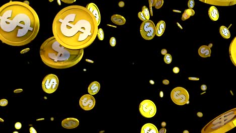 3D-animation-of-dollar-coins-falling-on-a-black-background-with-alpha