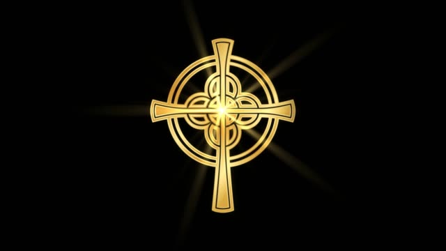 Magical-Particle-Dust-Animation-of-Religious-Celtic-Cross-Sign-with-Rays.