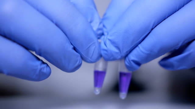 Close-up-of-hands-of-scientist-in-gloves-holding-pipette-and-pouring-solutions-into-test-tube.-GMO.-DNA.-Medical-worker-.-Student-used-laboratory-vessels-in-experiments.-Work-in-the-laboratory