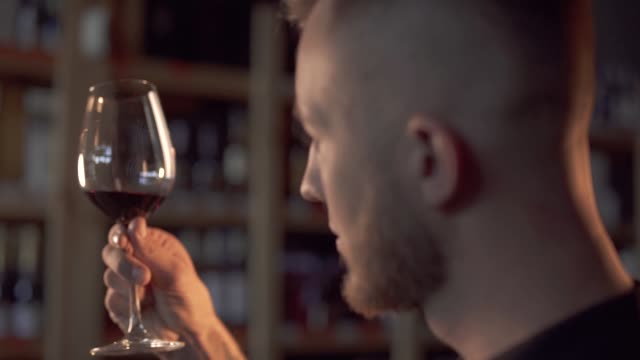 Porträt-der-schönen-männlichen-im-Profil-schütteln-Wein-im-Glas-Mann-bewundert-alkoholisches-Getränk