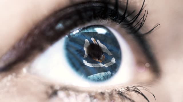 Mujer-ojo-azul-en-primer-plano-con-la-bandera-del-estado-de-Luisiana-en-iris,-estados-unidos-de-América-con-movimiento-de-viento.-concepto-de-vídeo