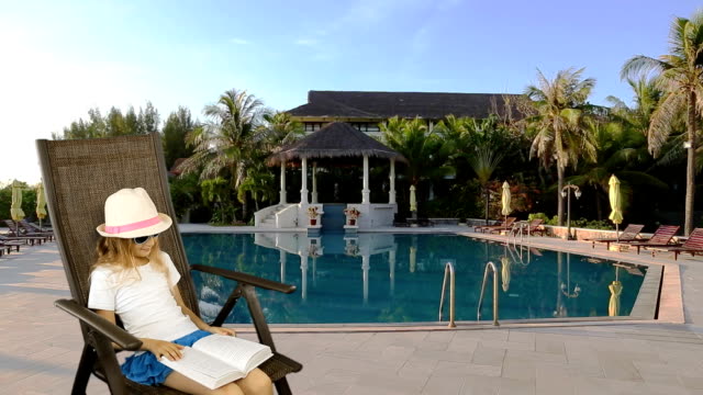 Young-caucasian-girl-sitting-on-armchair-and-reading-book.-Swimming-pool-and-palm-trees-at-background.-Have-same-clip-with-transparent-background-Alpha-Channel.