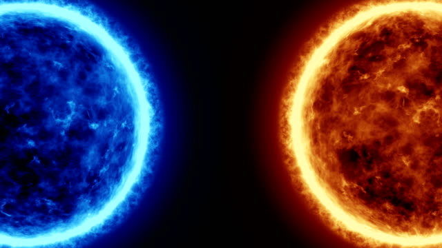 4K-Realistic-Sun-and-Blue-sun-surface-with-solar-flares,-Burning-of-the-sun-isolated-on-black-with-space-for-your-text-or-logo.-Motion-graphic-and-animation-background.