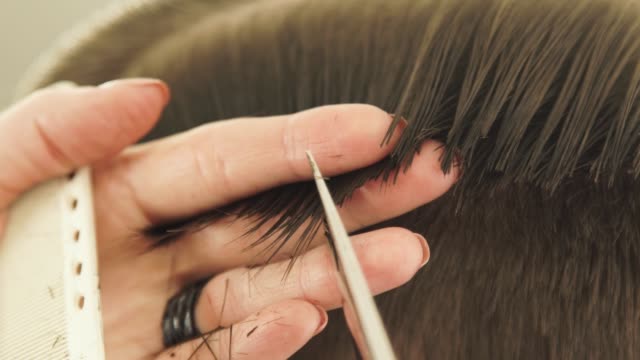 Hand-Haarschneider-Kämmen-nasse-Haar-und-mit-Friseur-Schere-zum-Schneiden-von-hautnah.-Friseur,-männliche-Frisur-mit-Kamm-und-Friseur-Schere-im-Friseurladen