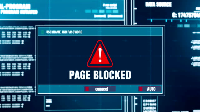 Seite-blockiert-Warnungsbenachrichtigung-auf-Digitalsystem-Security-Alert-Fehlermeldung-auf-dem-Computerbildschirm-nach-Eingabe-Login-und-Passwort-generiert.-Cyber-Kriminalität,-Computer-Hacking-Konzept