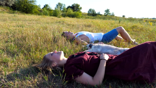 Dolly-shot-of-young-couple-in-love-lying-on-green-grass-at-field-and-stroking-their-siberian-husky-dog-at-sunny-day.-Happy-pair-relaxing-and-enjoying-summer-vacation-at-sunset.-Low-angle-view-Close-up