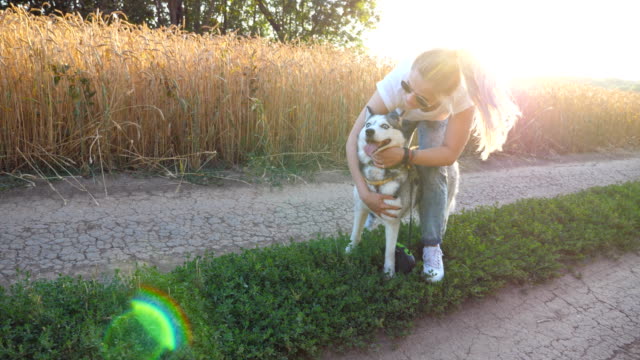Dolly-shot-of-beautiful-girl-in-sunglasses-hugging-and-kissing-her-husky-dog-on-road-near-wheat-field-at-sunset.-Young-woman-with-blonde-hair-spending-time-together-with-her-pet-at-nature.-Close-up