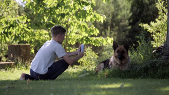 kleiner-Junge-unter-Bild-seines-Hundes-posiert-Deutscher-Schäferhund-mit-einem-Smartphone-in-der-Natur,-grüner-Hintergrund