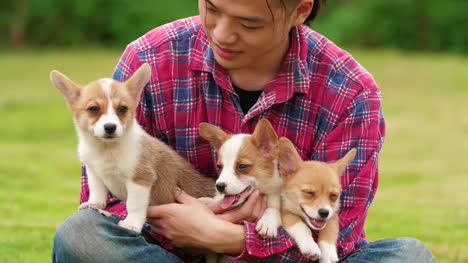 Happy-young-man-with-his-puppy-dog-outdoor,-4k