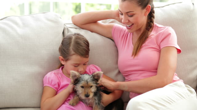 Niedliche-kleine-Mädchen-und-Mutter-spielt-mit-yorkshire-terrier-Welpe