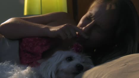 Frau-streicheln-Hund-im-Bett-nachts-niest-für-Allergie